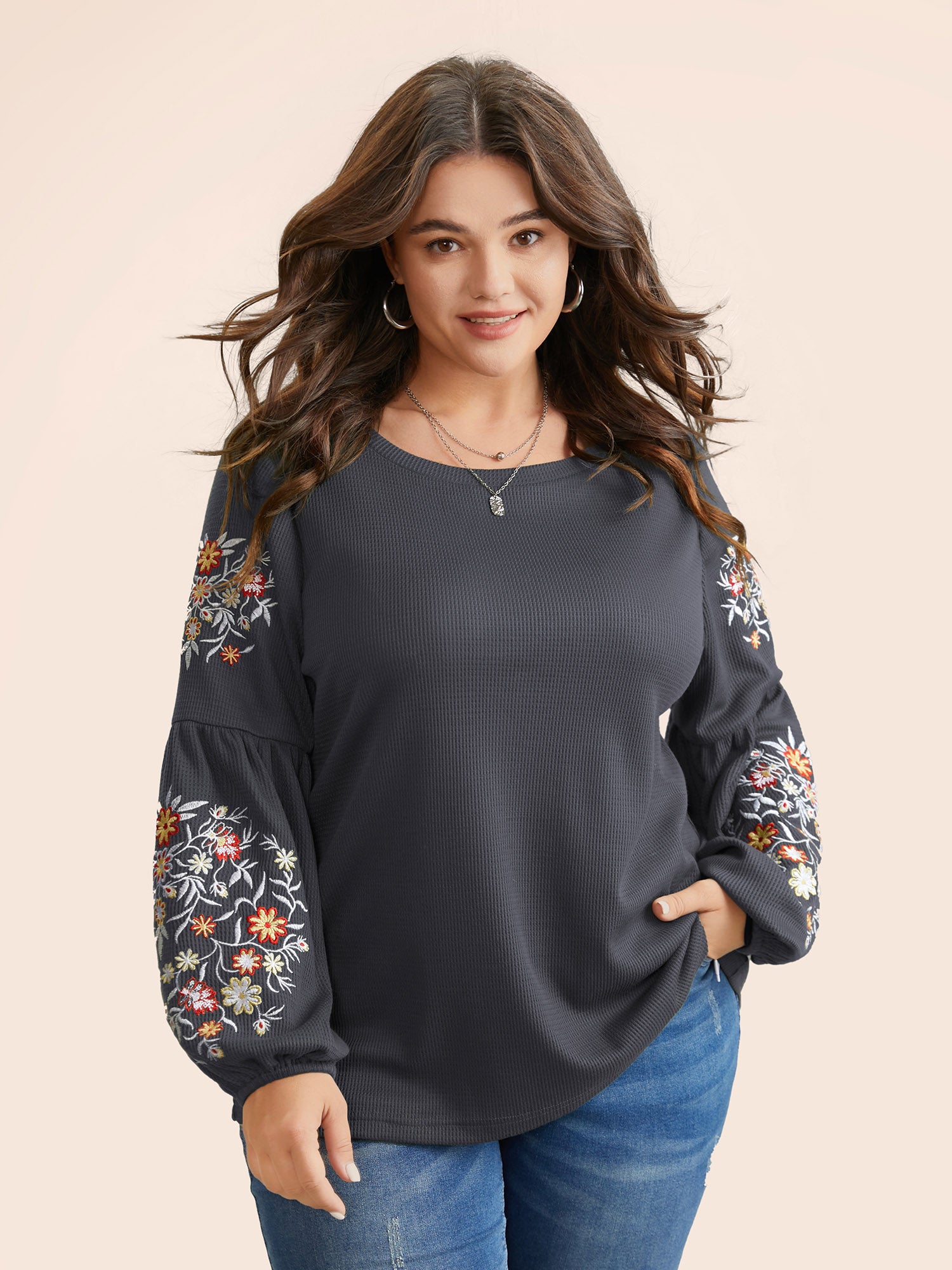 Waffle Knit Floral Embroidered Lantern Sleeve T-shirt