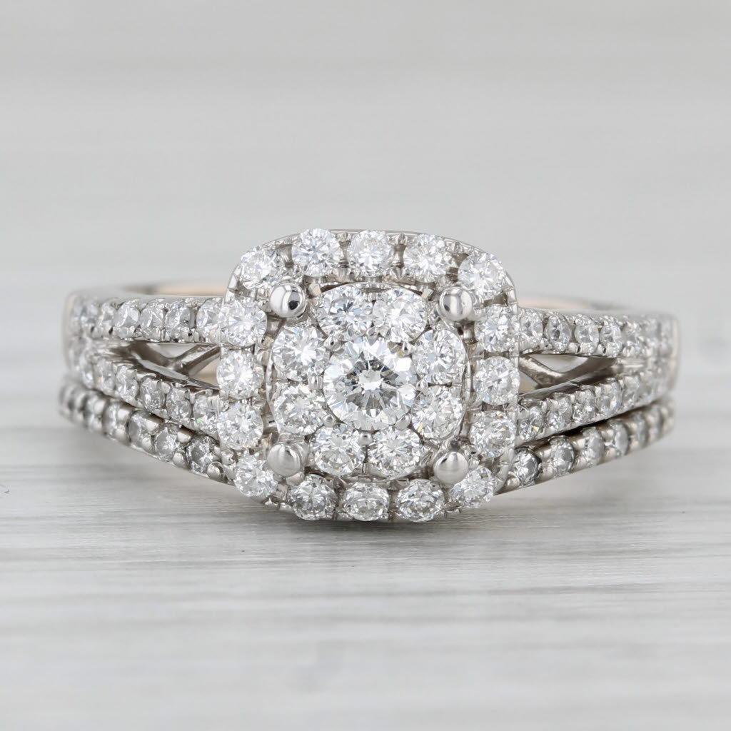 0.85ctw Diamond Halo Engagement Ring Wedding Band Bridal Set 14k White Gold Sz 6