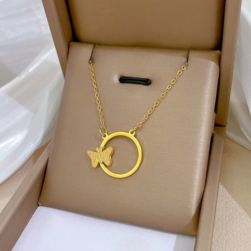 Minimalist Circle Letter Butterfly Titanium Steel Plating Inlay Rhinestones Necklace