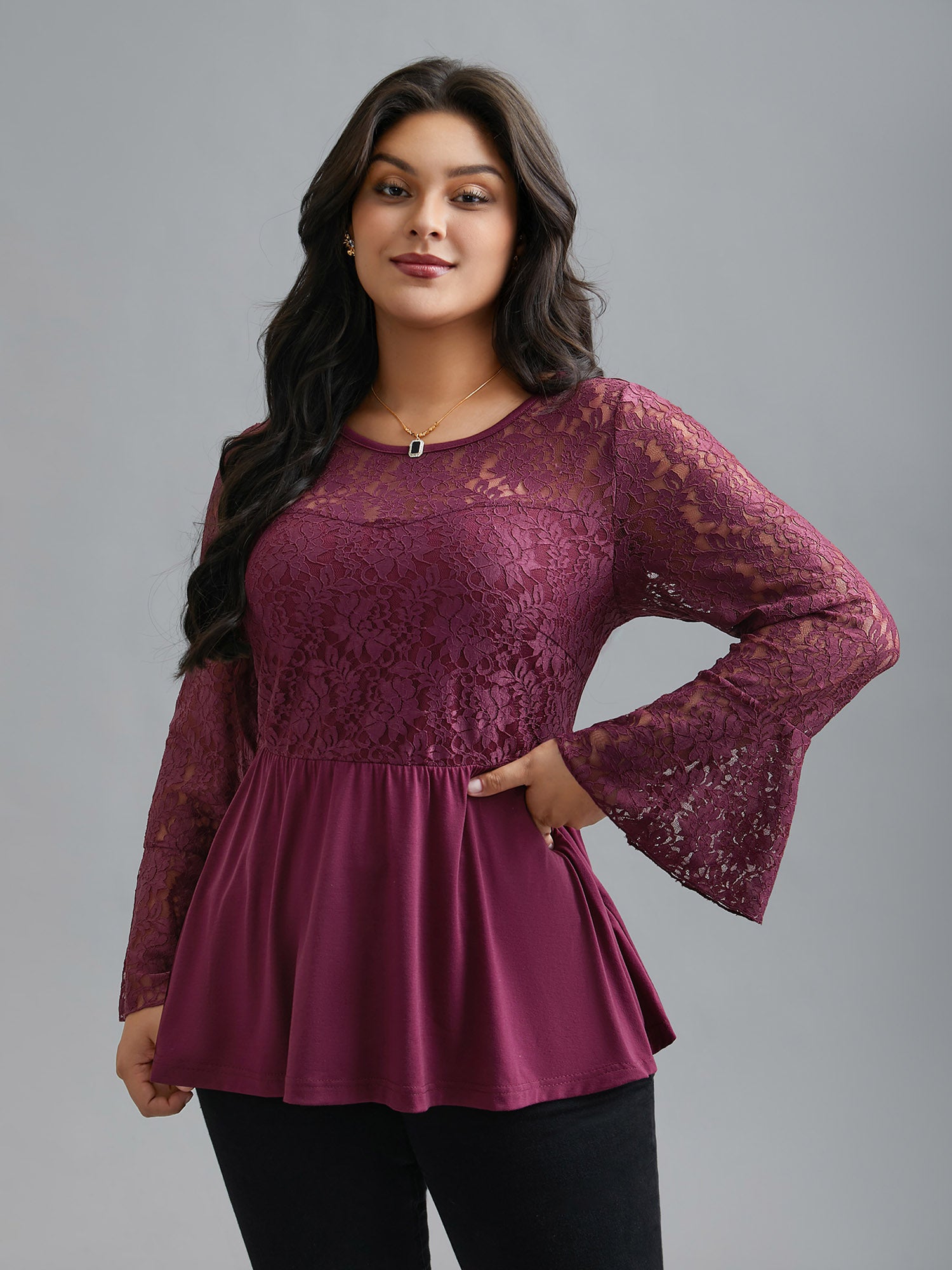 Sheer Lace Knit Micro-Elastic Bell Sleeve Top