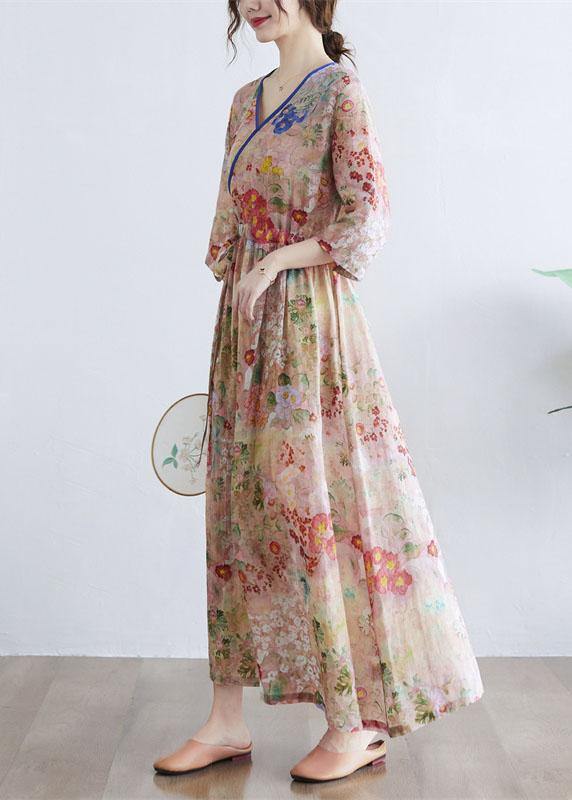 Simple Print V Neck Floral Summer Tie Waist Long Dresses Half Sleeve