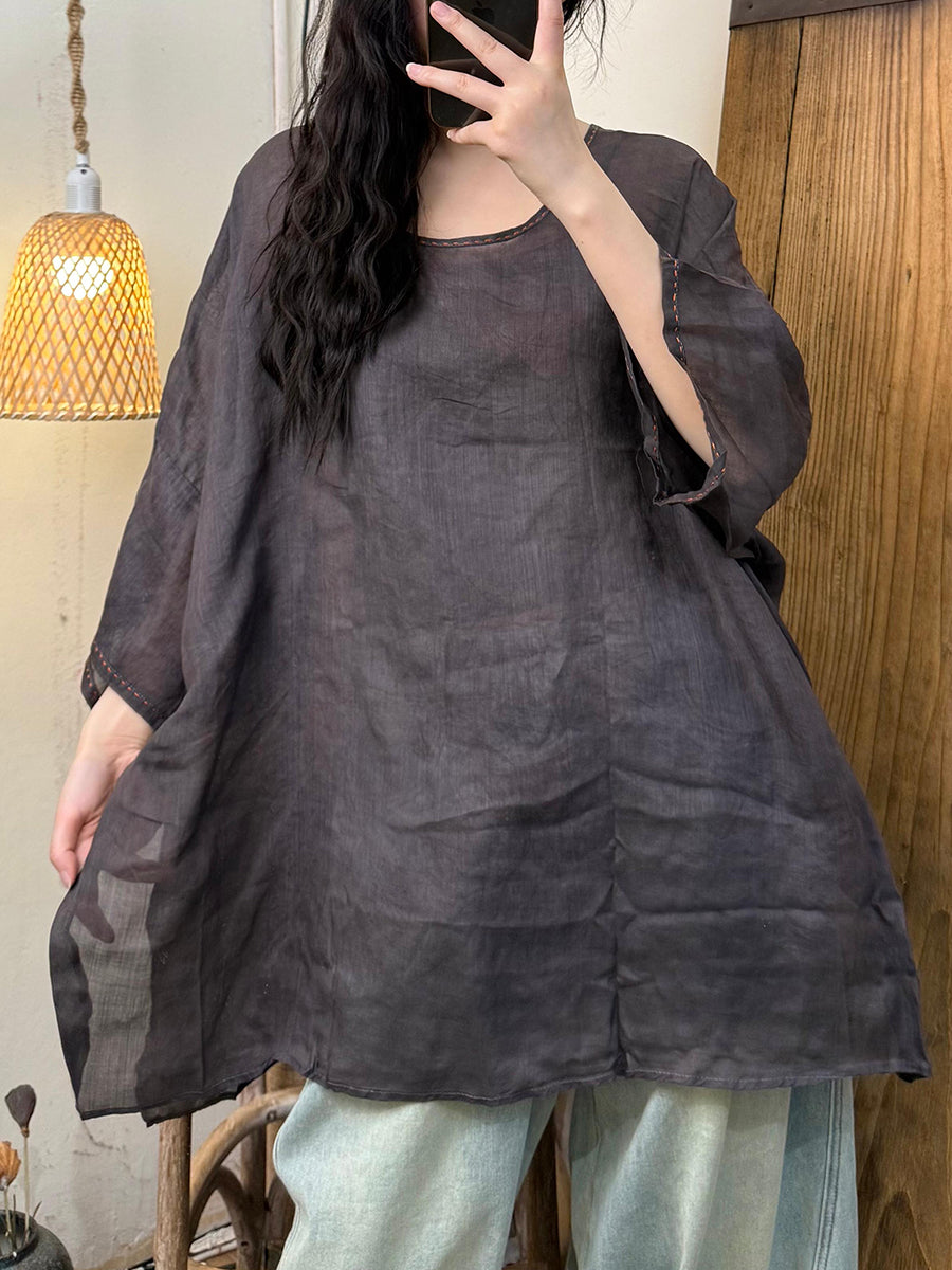 Women Summer Vintage Pure Color O-Neck Ramie Shirt