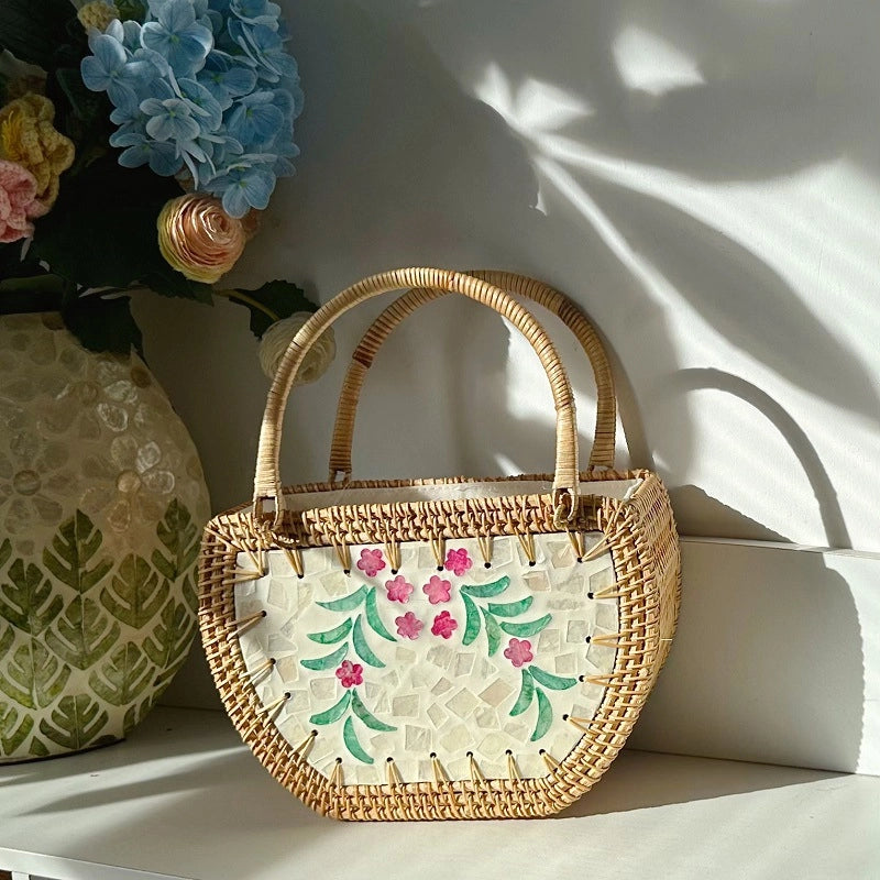 Women's Medium Straw Flower Vintage Style Beach Weave String Straw Bag