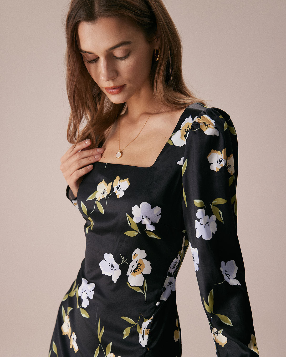 The Black Square Neck Floral Slit Midi Dress