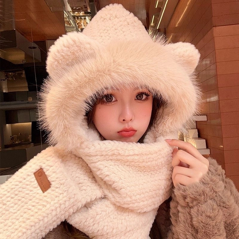 Cute Bear Ears Plush Hat Scarf Integrated Female Autumn And Winter Cycling Warm All-Matching Mask Ear Protection Scarf