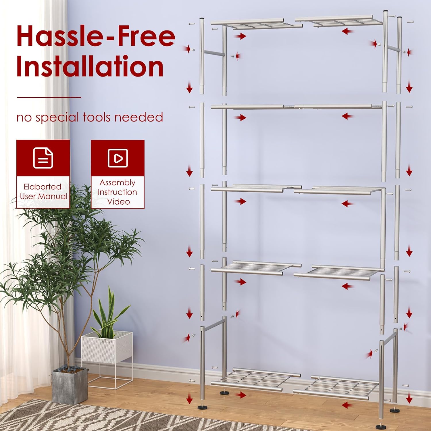 Storage Shelves - 5 Tier Shelf Organizer, Heavy Duty Garage Shelving Unit with Leveling Feet, Stable Metal Shelves Organizer for Pantry, Kitchen and Closet, 33.0