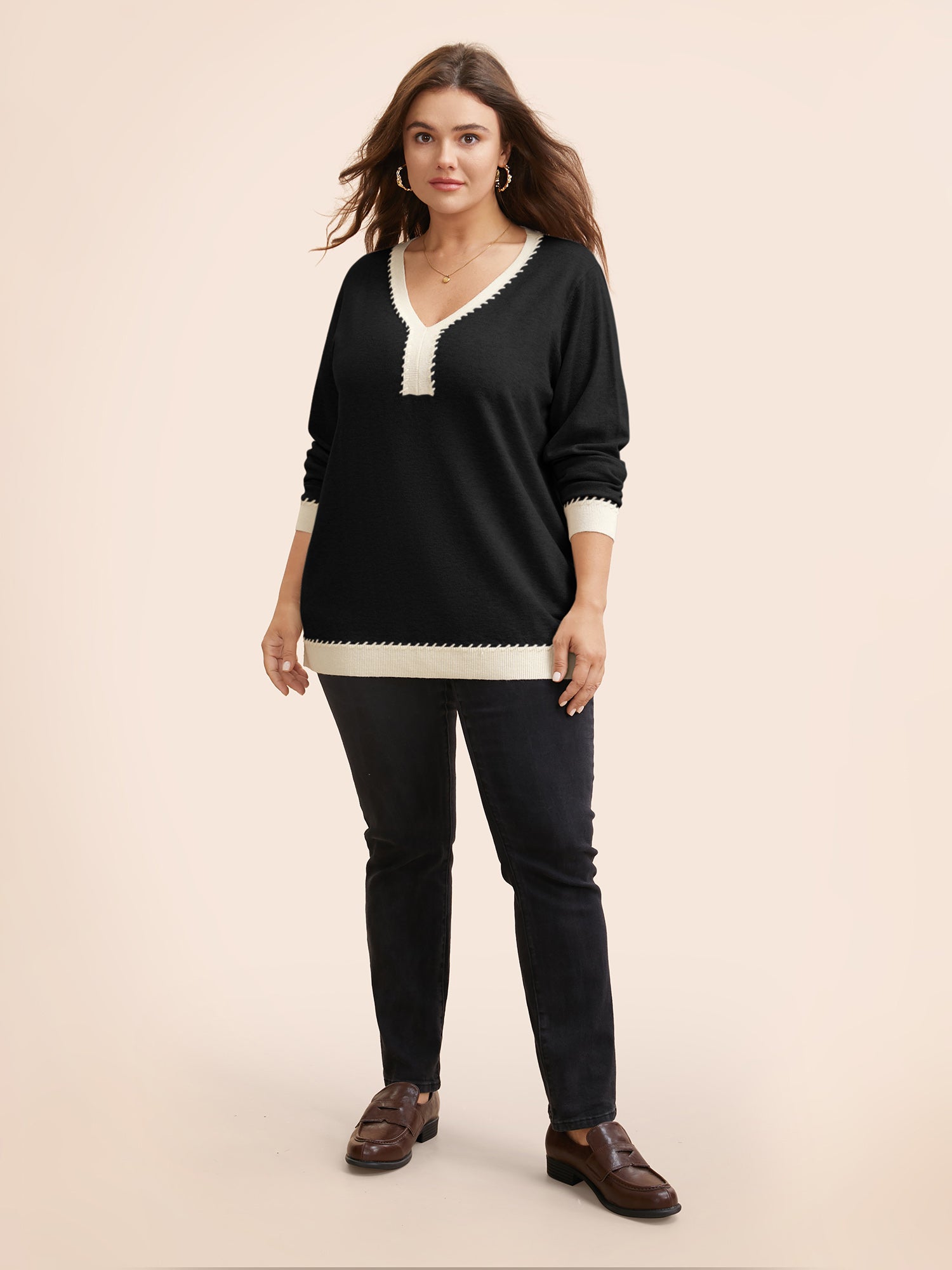 Supersoft Essentials V Neck Contrast Crochet Pullover