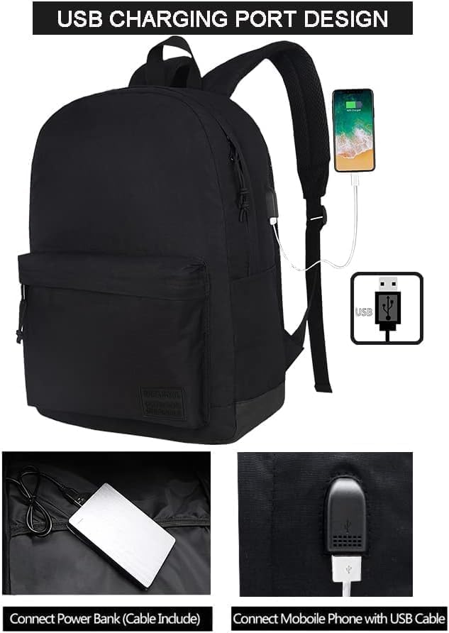 SUPACOOL Casual Laptop Backpack for Men and Women, School Backpack for Boys and Girls, College Bookbag, USB Charging Port, Lightweight Back Pack(Black)