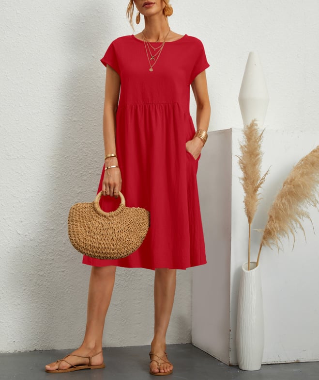 Solid Color Short Sleeve Loose Cotton Linen Pocket Midi Dress