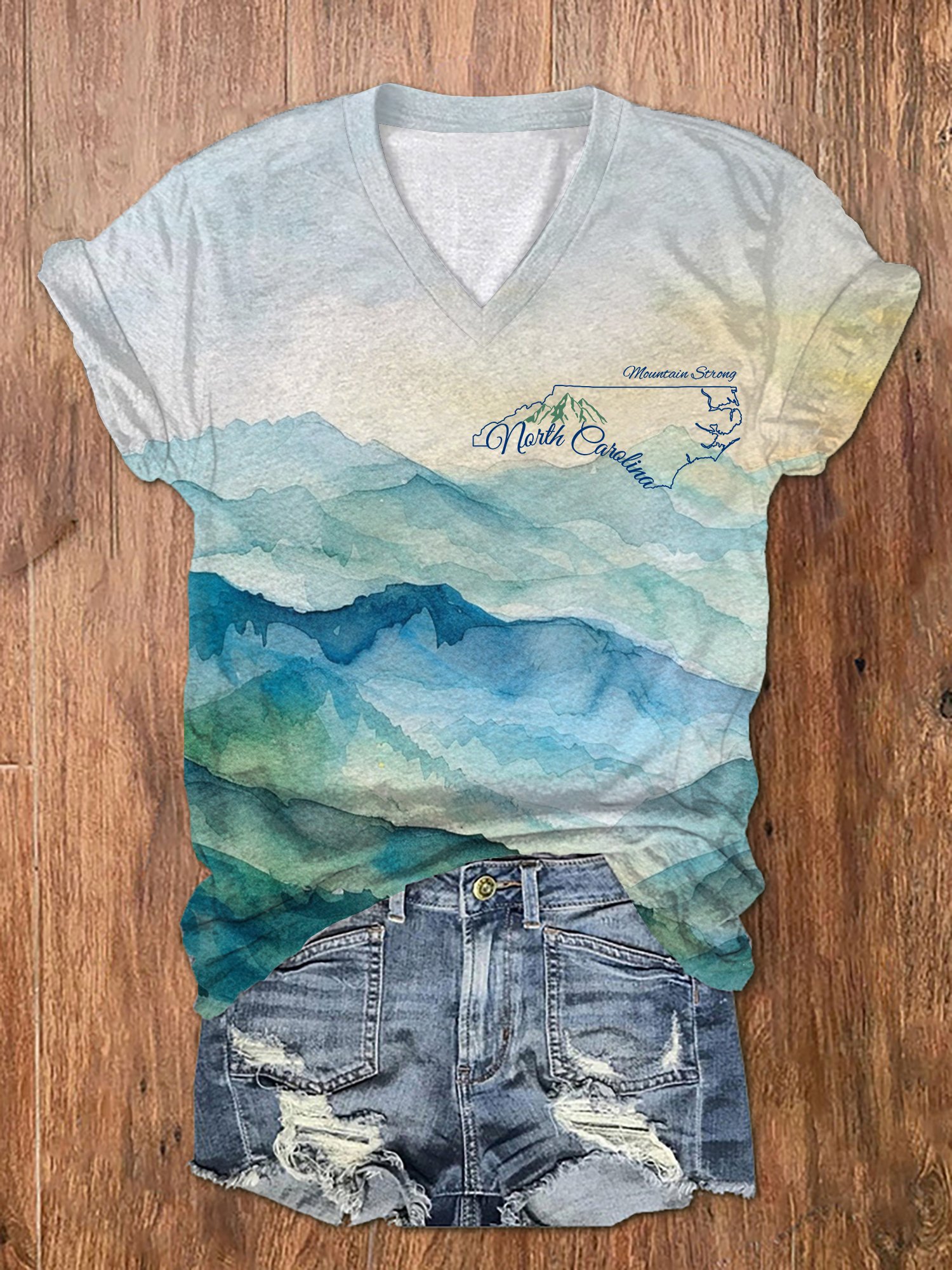 Women's North Carolina Together Mountain Strong Watercolor Art Print V-Neck T-Shirt