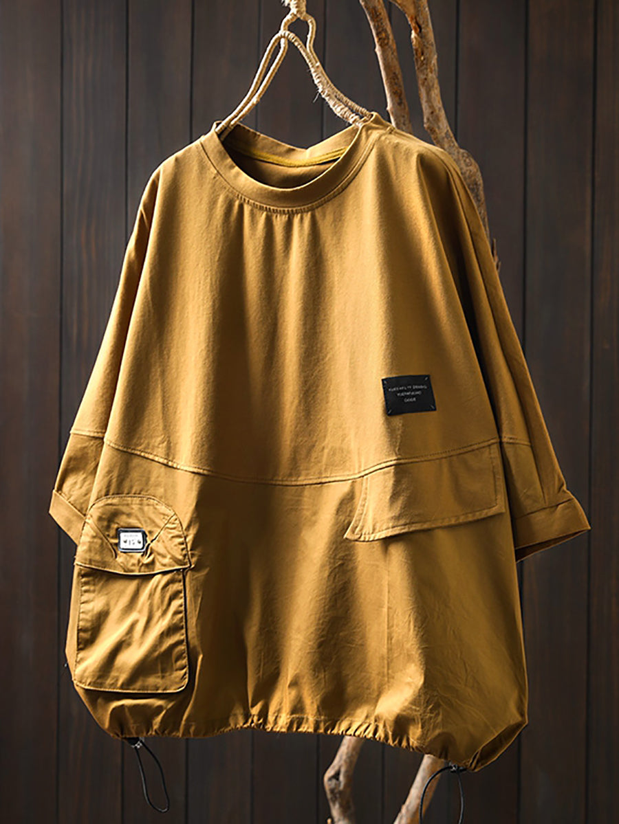 Women Summer Pocket Pure Color O-Neck Cotton Shirt