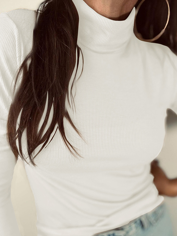 Long Sleeves Skinny Solid Color Split-Joint Mock Neck T-Shirts Tops