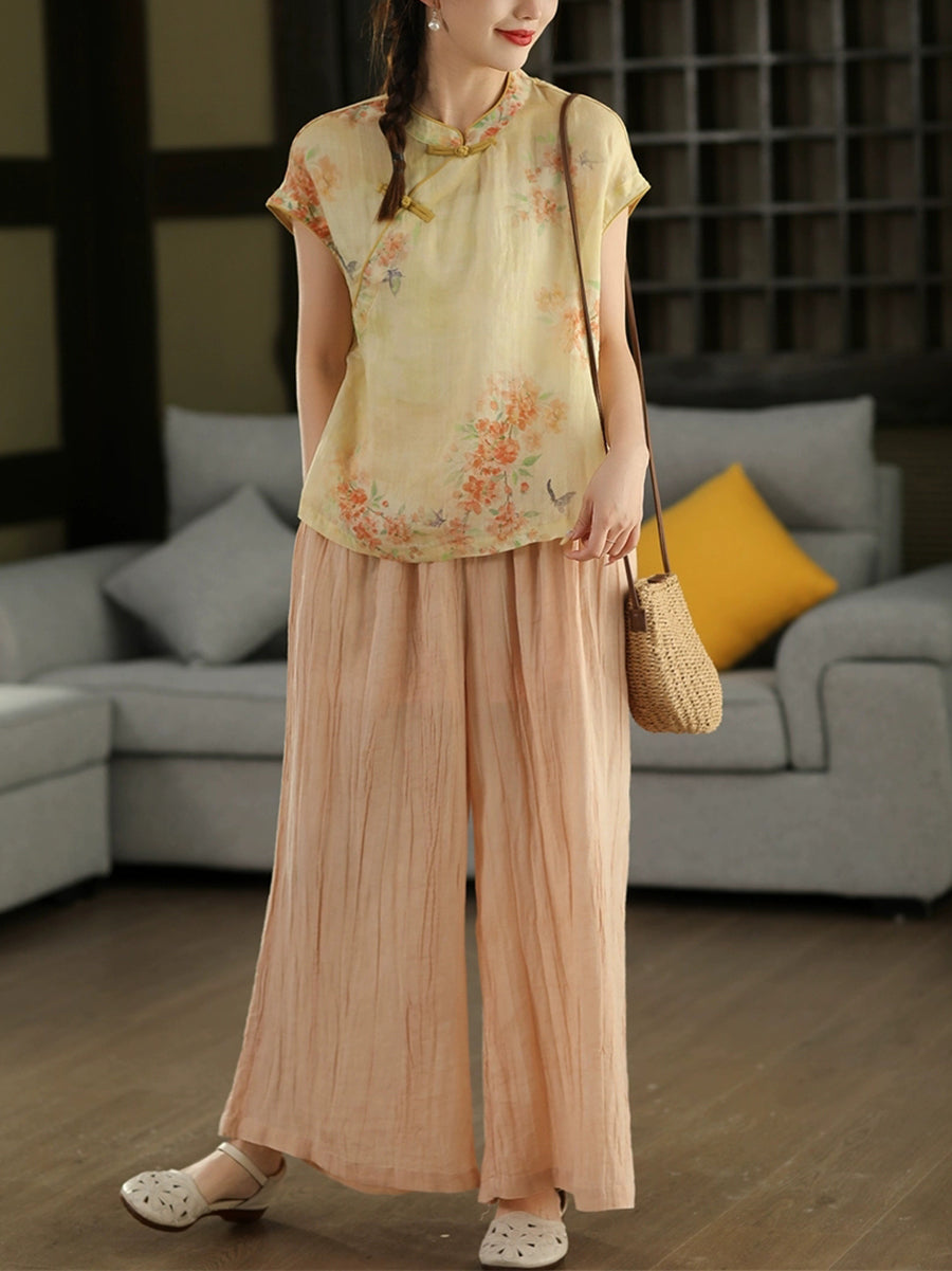 Women Summer Artsy Pure Color 100%Ramie Wide-leg Pants
