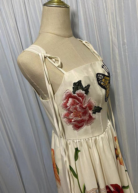 Elegant Apricot Embroidered Lace Up Cotton Dresses Sleeveless