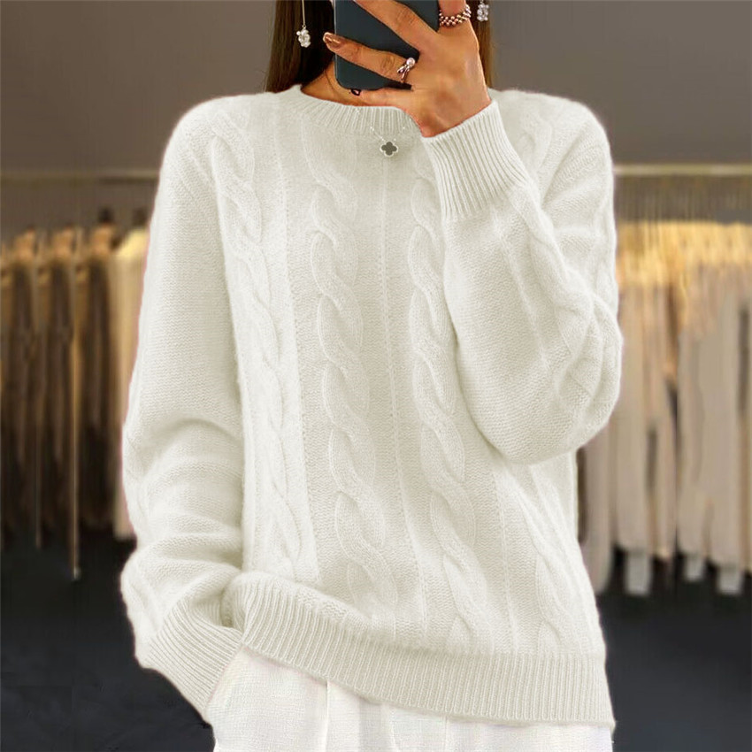 Retro Twist Crew Neck Solid Color Sweater