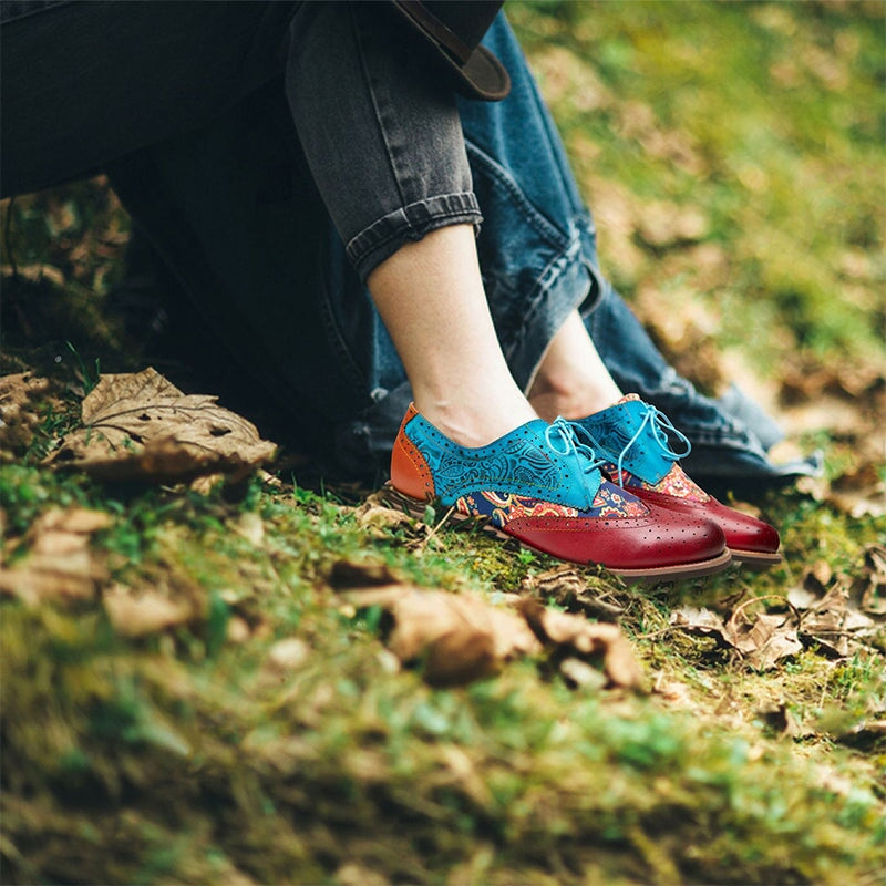 Women Fashion Brogue Oxfords With Printing Lace-up Shoes in Blue