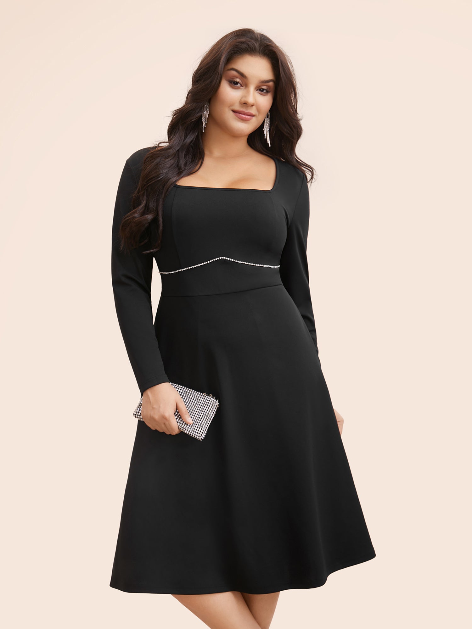 Square Neck Shirred Rhinestone Midi Dress