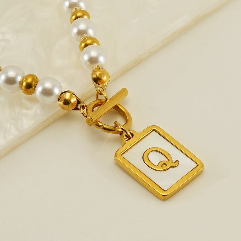 Stainless Steel 18K Gold Plated Elegant French Style Pearl Plating Inlay Letter Shell Pendant Necklace