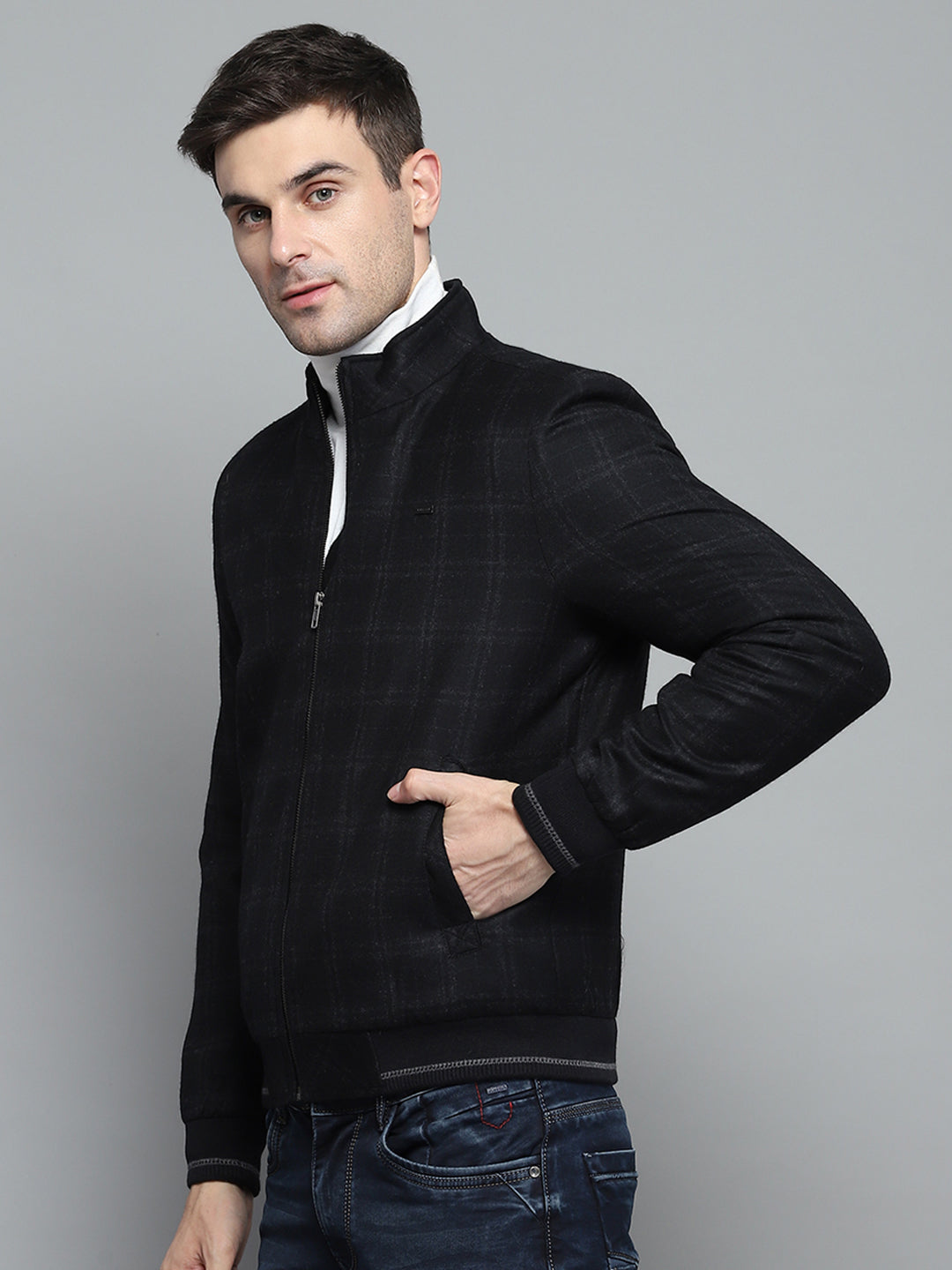 Men Black Check Mock Neck Full Sleeve Jacket