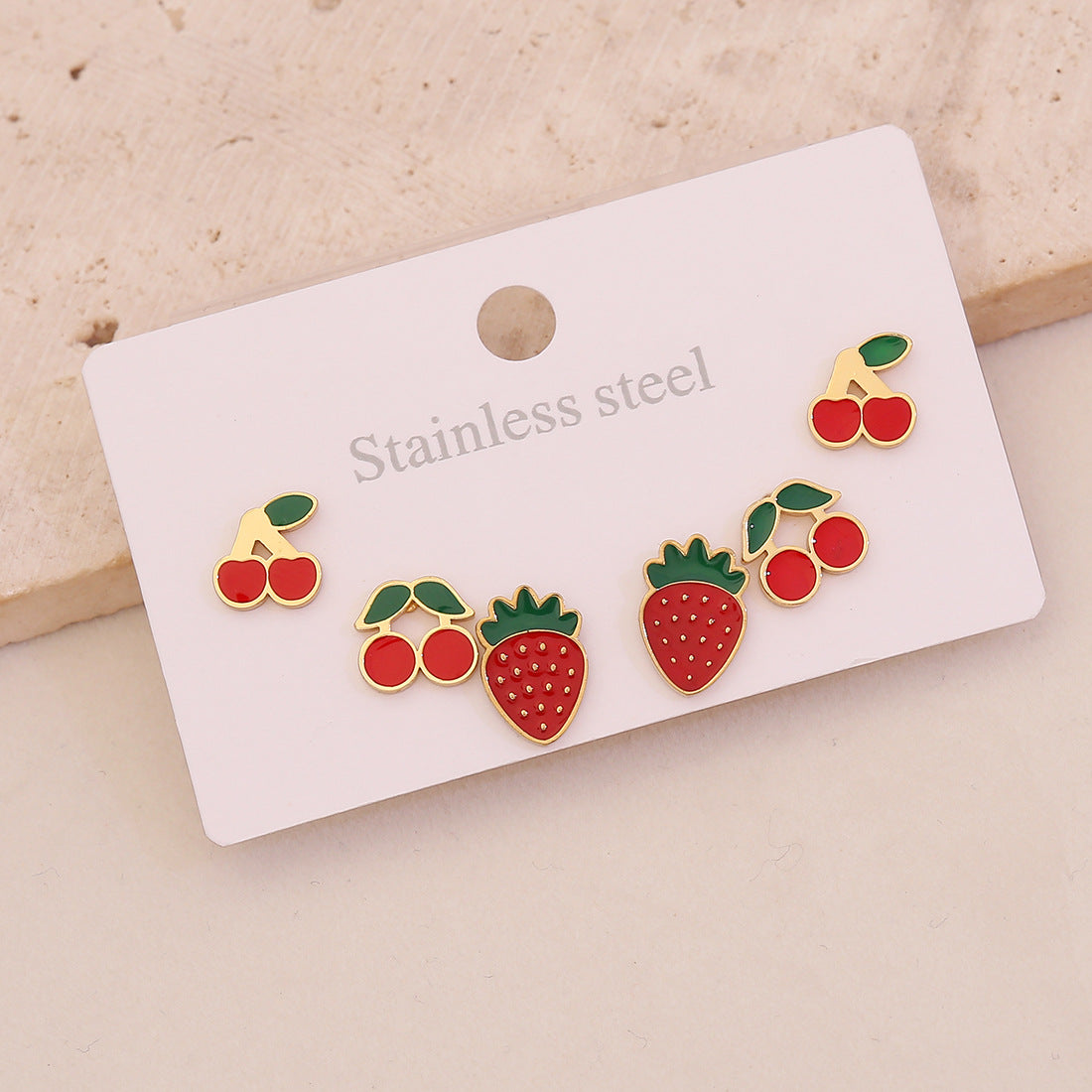 3 Pairs Of Cherry Strawberry Earrings Cute Stainless Steel Earrings For E623
