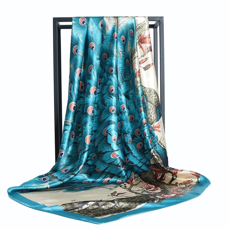 Women's Elegant Formal Peacock Flower Satin Silk Scarf