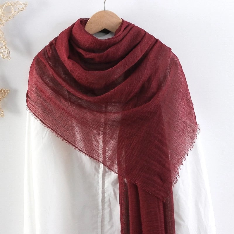 Hot Selling Solid Color Pleated Cotton And Linen Scarf Women's Bag Headscarf Crumpled Hair Fringe Bubble Scarf Women's Scarf Cover Head
