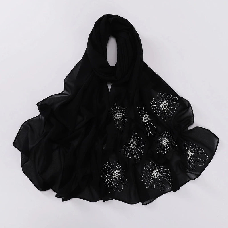 New Flower Hot Drilling Nail Bead Scarf Pearl Chiffon Muslim Scarf Middle East Hui Hijab Long Scarf