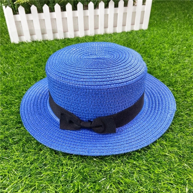 Straw Hat Shading Hat Summer Flat-brimmed Bow Straw Flat Top Hat
