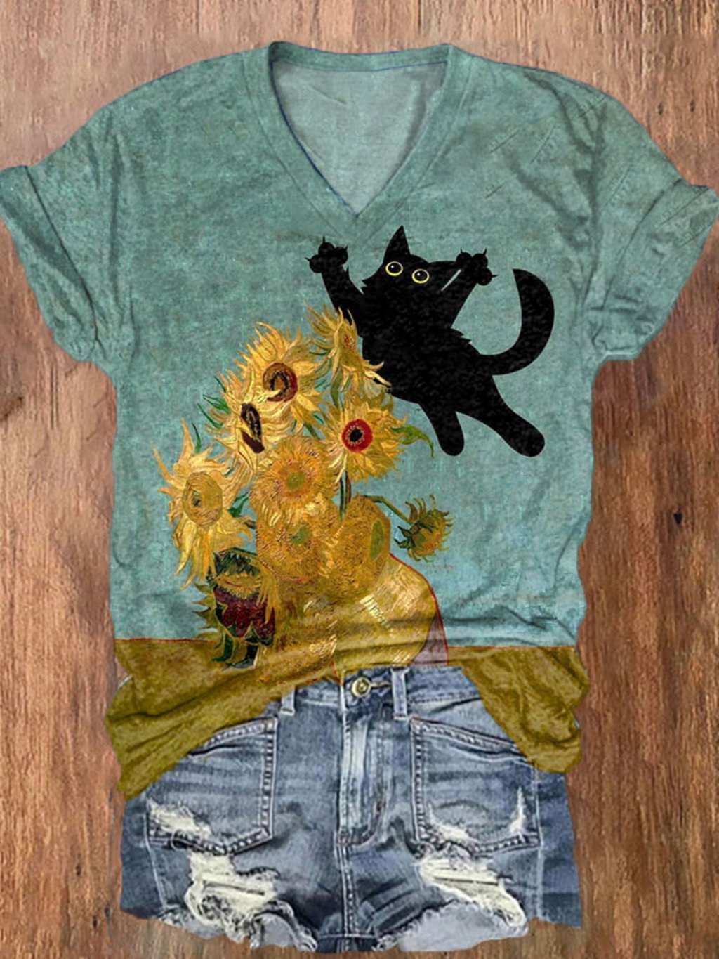 Women's Funny Cat Van Gogh Print V-Neck T-Shirt
