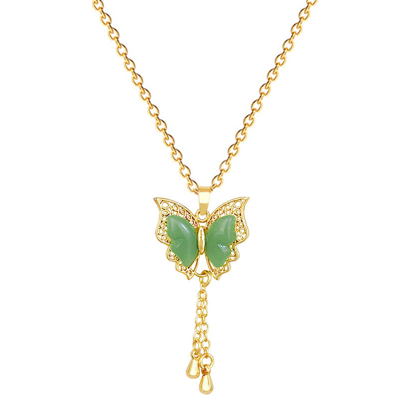 Green Butterfly Tassel Gorgeous Full Diamond Necklace Women'S All-Match Clavicle Chain Titanium Steel Chain