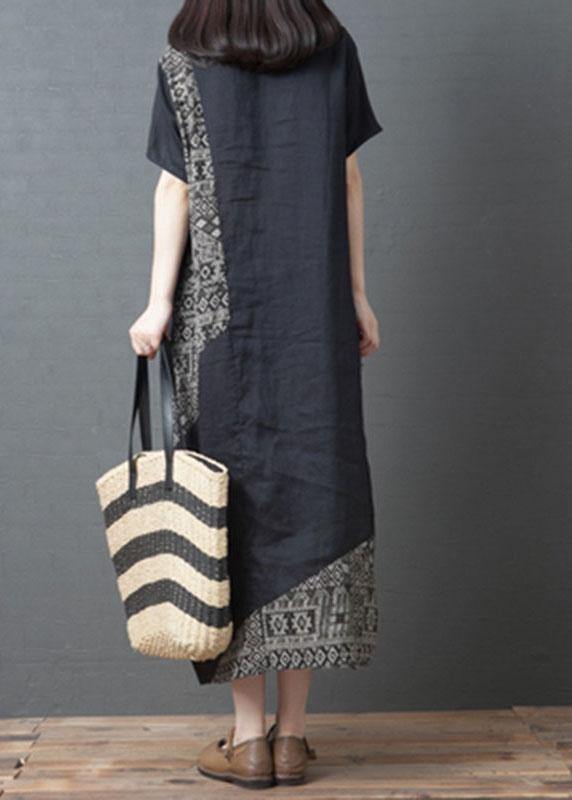 Loose Black O-Neck Patchwork Pockets Summer Holiday Dress Short Sleeve