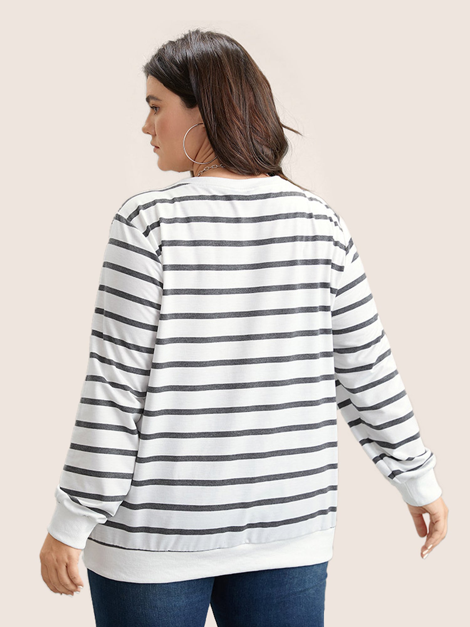 Rib Knit Striped Round Neck Sweatshirt