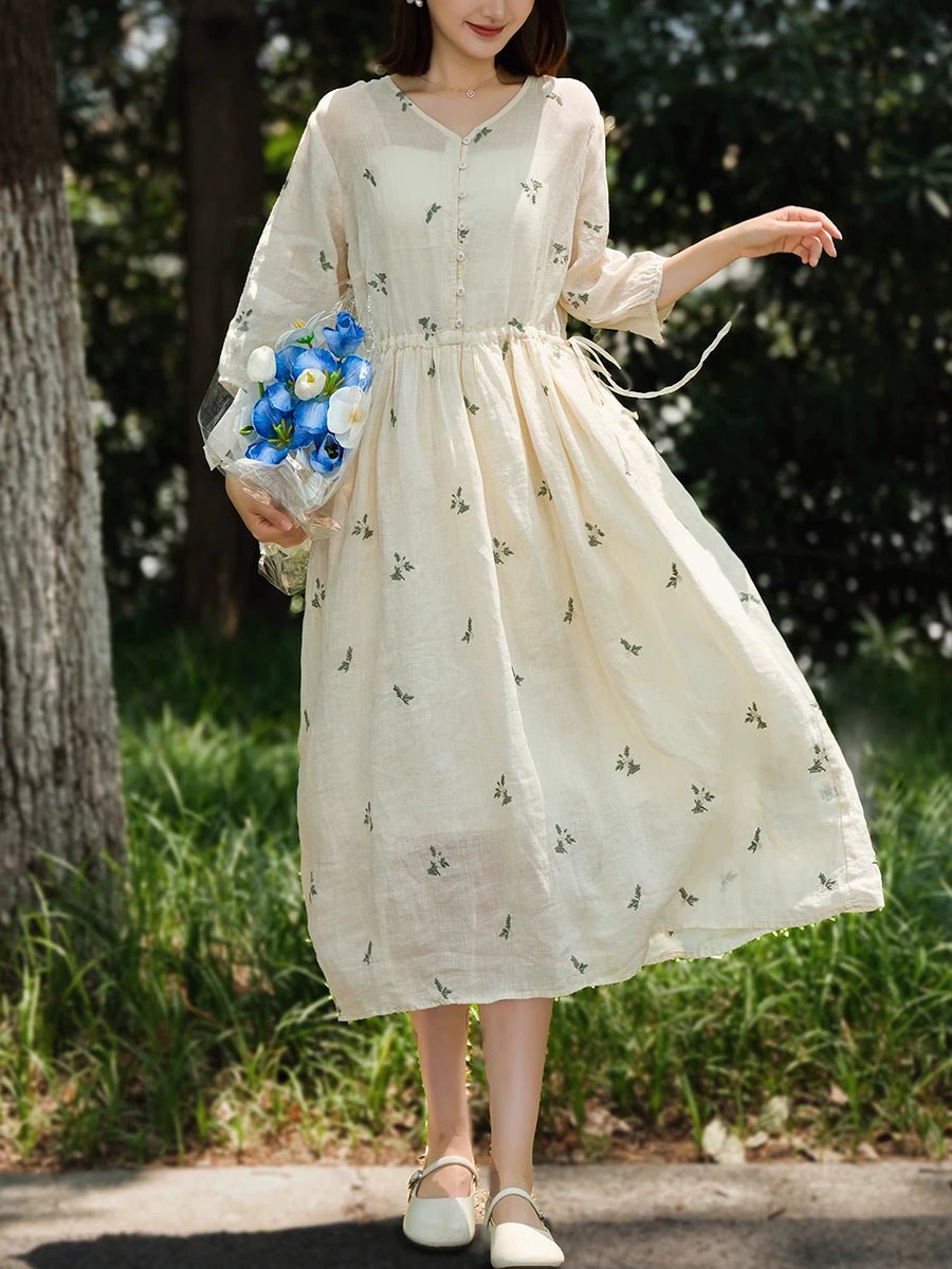 Women Summer Artsy Flower V-Neck 100%Ramie Dress