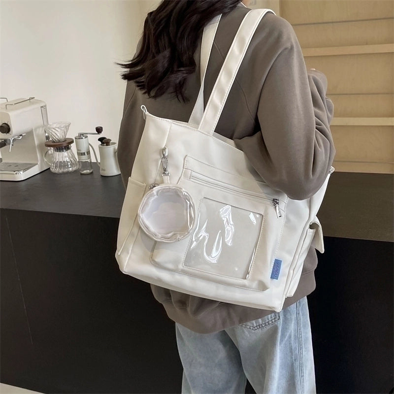 Women's Large Canvas Solid Color Preppy Style Classic Style Zipper Tote Bag