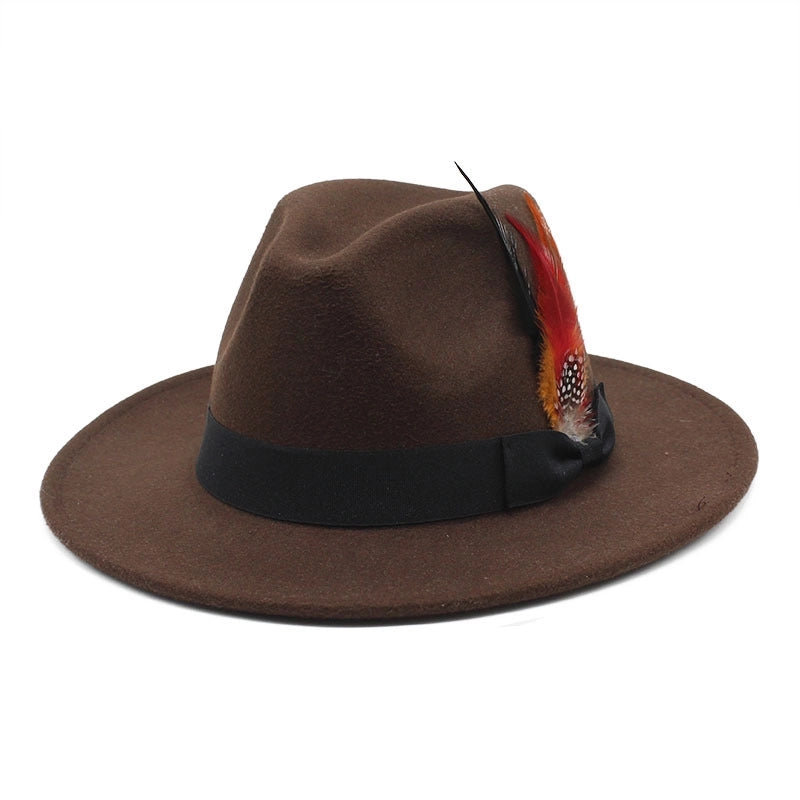 Bow Feather Top Hat Autumn And Winter Big Brim Hat Fashionable Men's And Women's Cashmere Felt Hat Style New Hats
