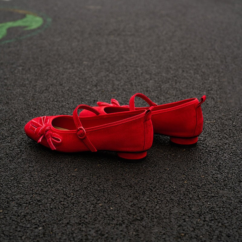 Round-Toe Sheepskin Mary Jane Flats with Bow Design Red/Black