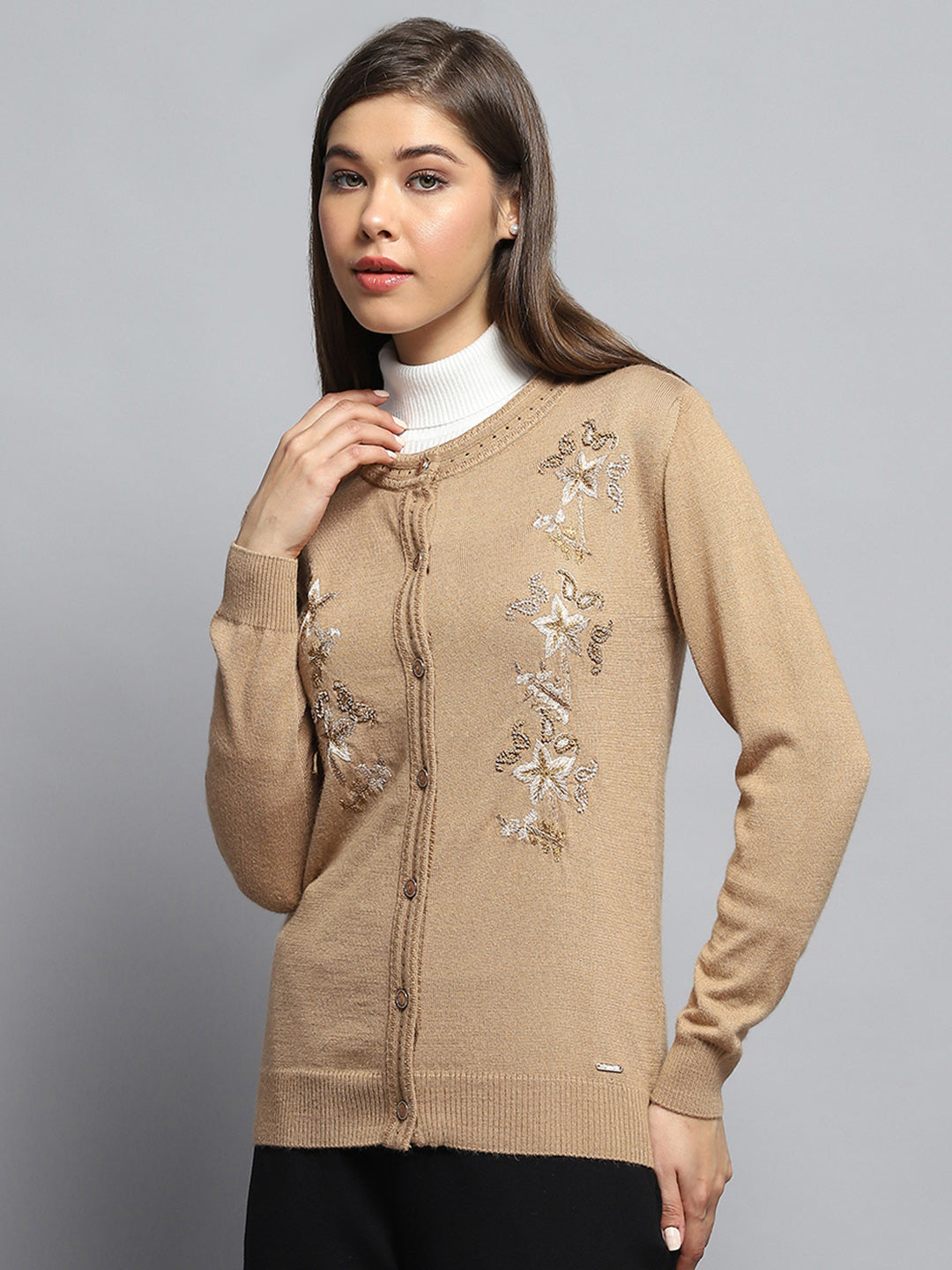 Women Brown Self Design Round Neck Full Sleeve Cardigan