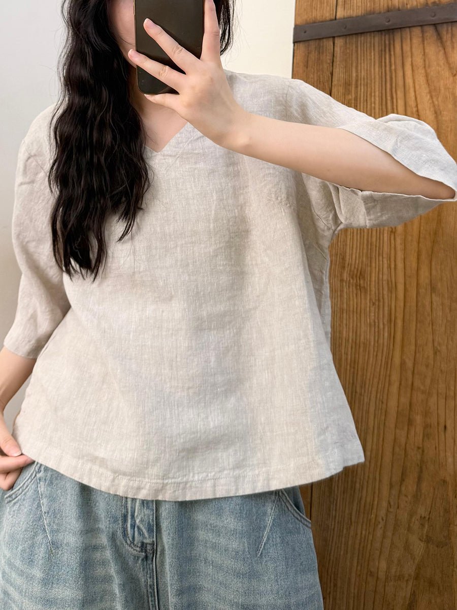 Women Summer Retro Pure Color V-Neck Linen Shirt