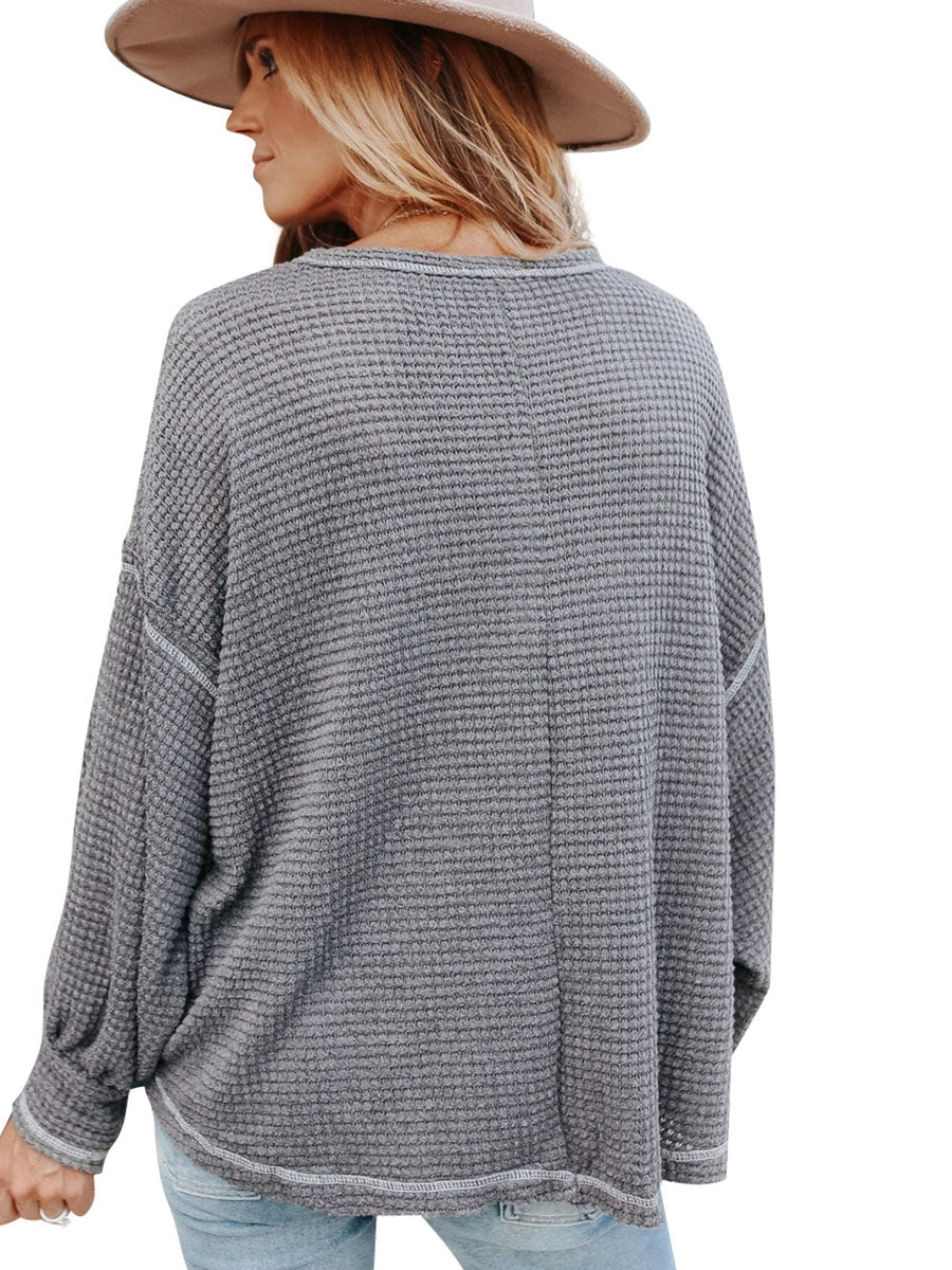 Waffle Drop Sleeve Loose Casual Top6 colors