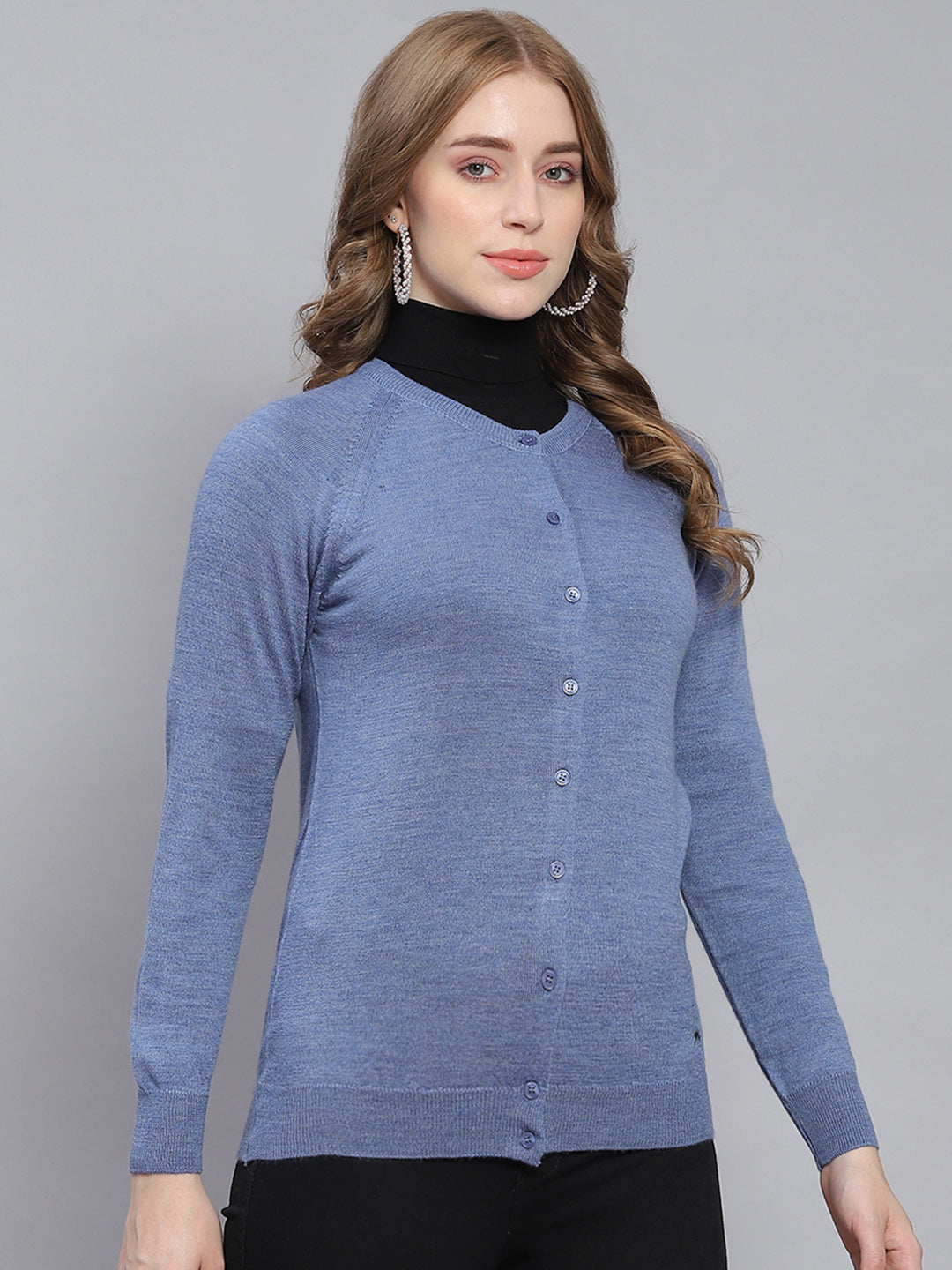 Women Blue Solid Round Neck Full Sleeve Cardigan