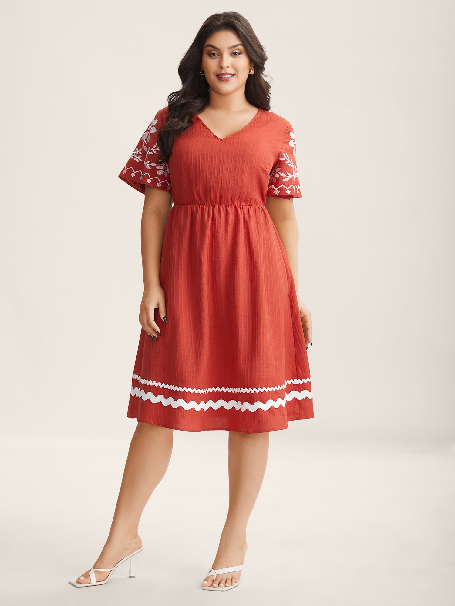 Embroidered Sleeve Cinched-Waist Midi Dress