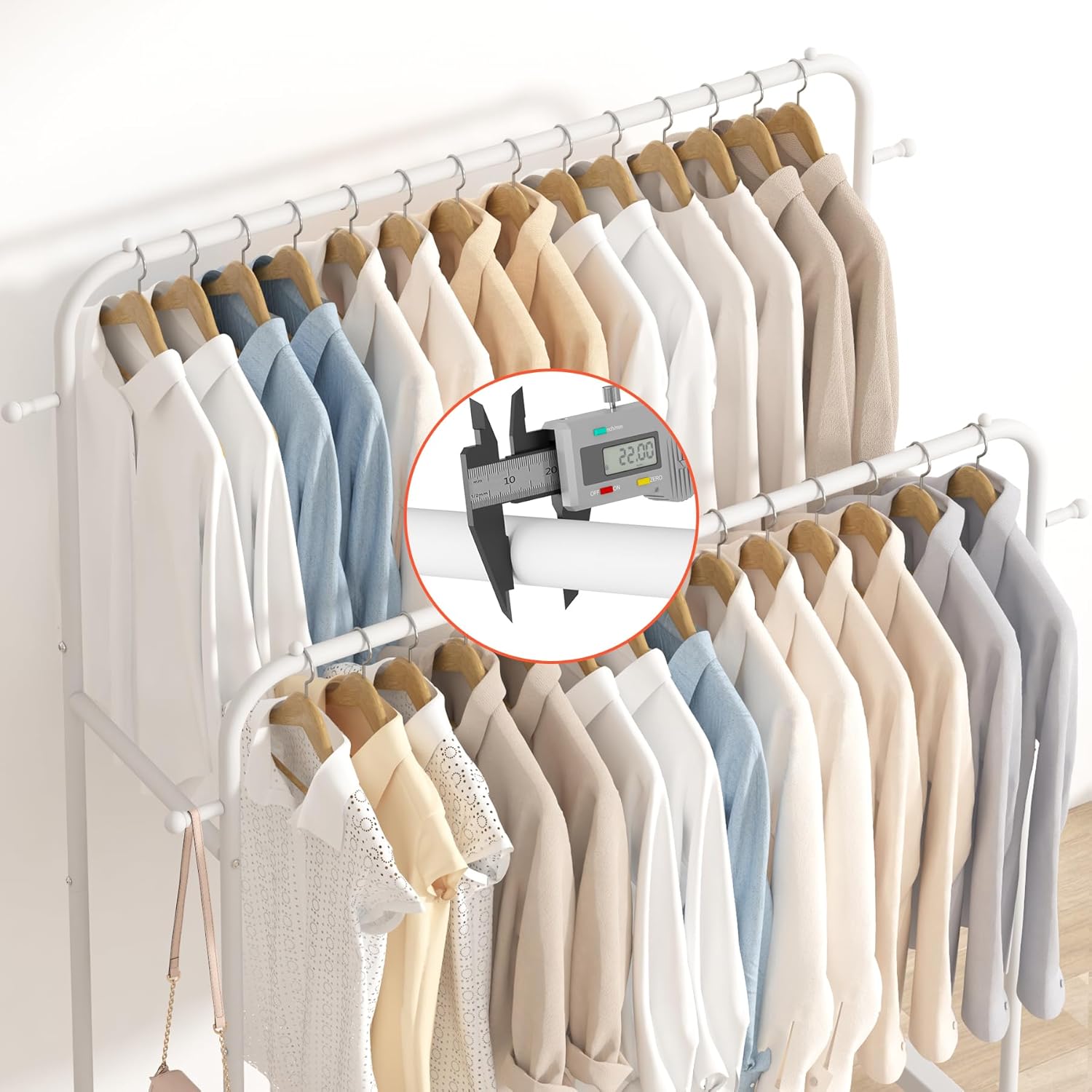 Laiensia Double Rods Garment Rack with Wheels, Clothing Rack for Hanging Clothes,4 Hooks, Multi-functional Bedroom Clothes Rack, Black