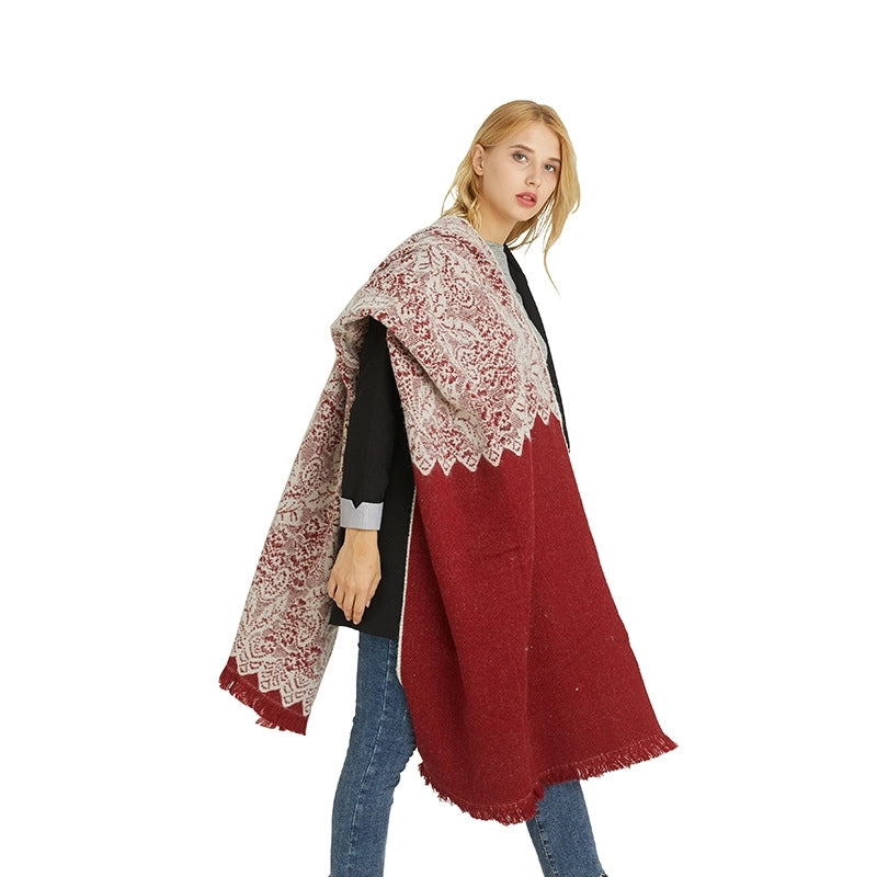 Niche Warm High-grade Scarf Women's Solid Color Cashmere Versatile Lace Stitching Dual-purpose Scarf