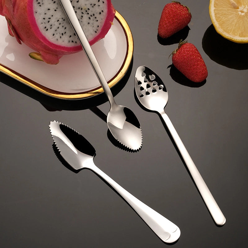 Infant 304 Stainless Steel Mud Scraping Spoon Baby Food Supplement With Serrated Fruit Dredging Spoon Creative With Hole Mud Pressing Spoon