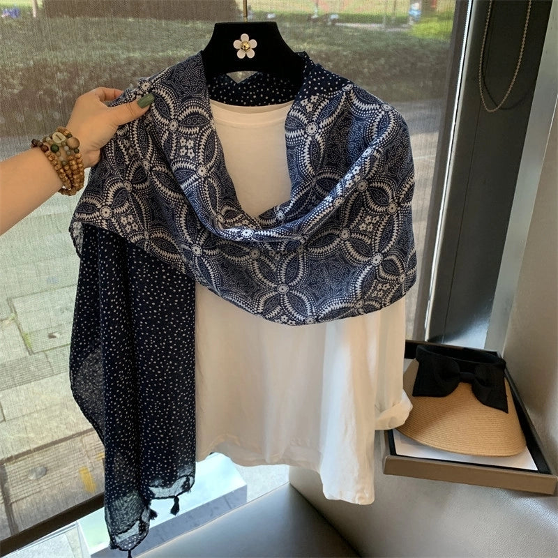 Women's Chinoiserie Retro Round Dots Polyester Printing Tassel Scarf