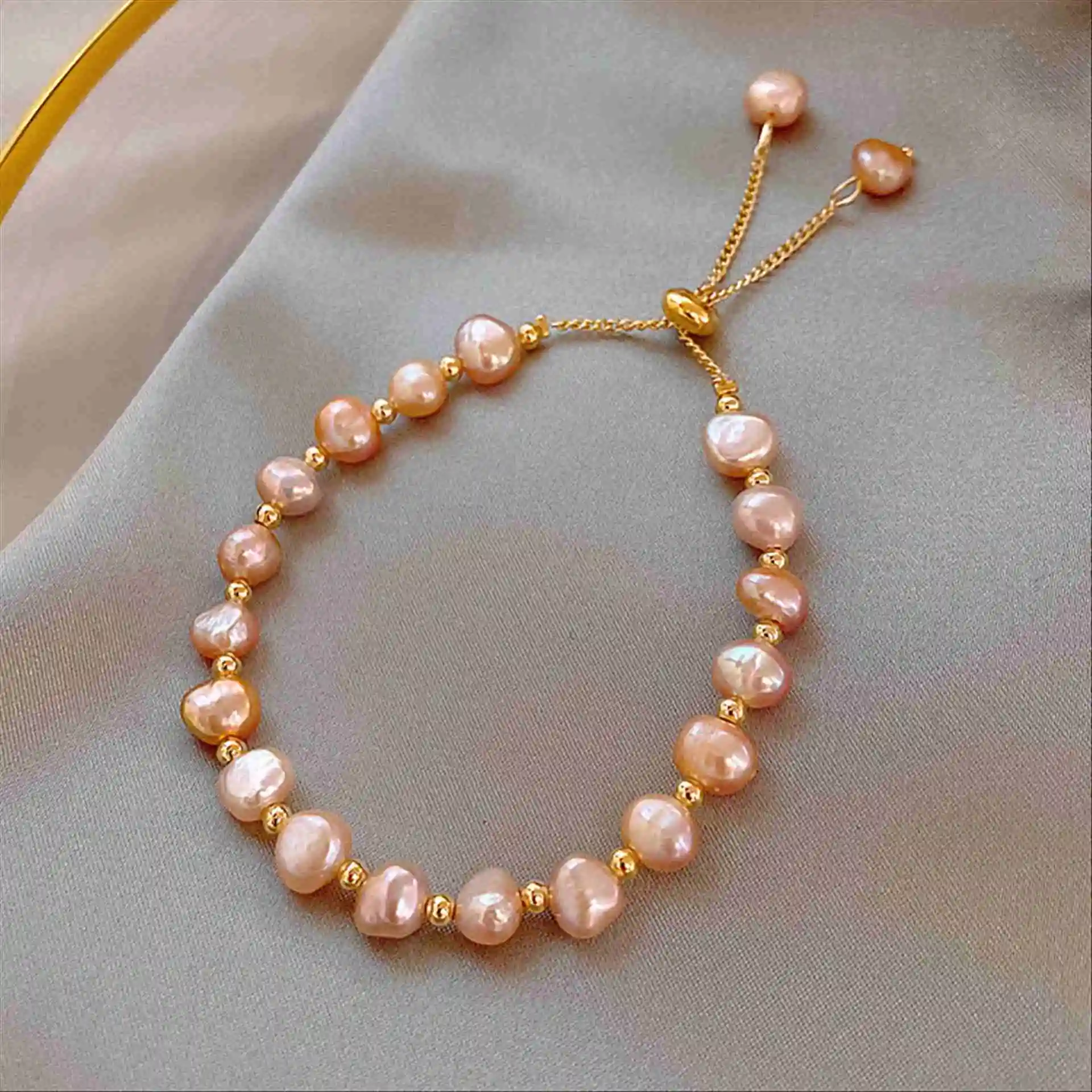 Natural Beads Drawstring Baroque Pearl Bracelet Gold PVD Plated Stainless Steel Charm Freshwater Pearl Bracelets Women ZS1