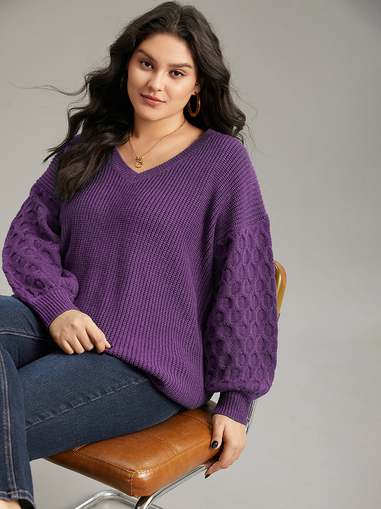 Solid Cable Knit V Neck Drop Shoulder Pullover