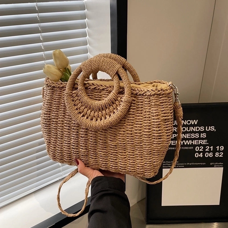 Women's Large Straw Solid Color Vacation Beach String Straw Bag