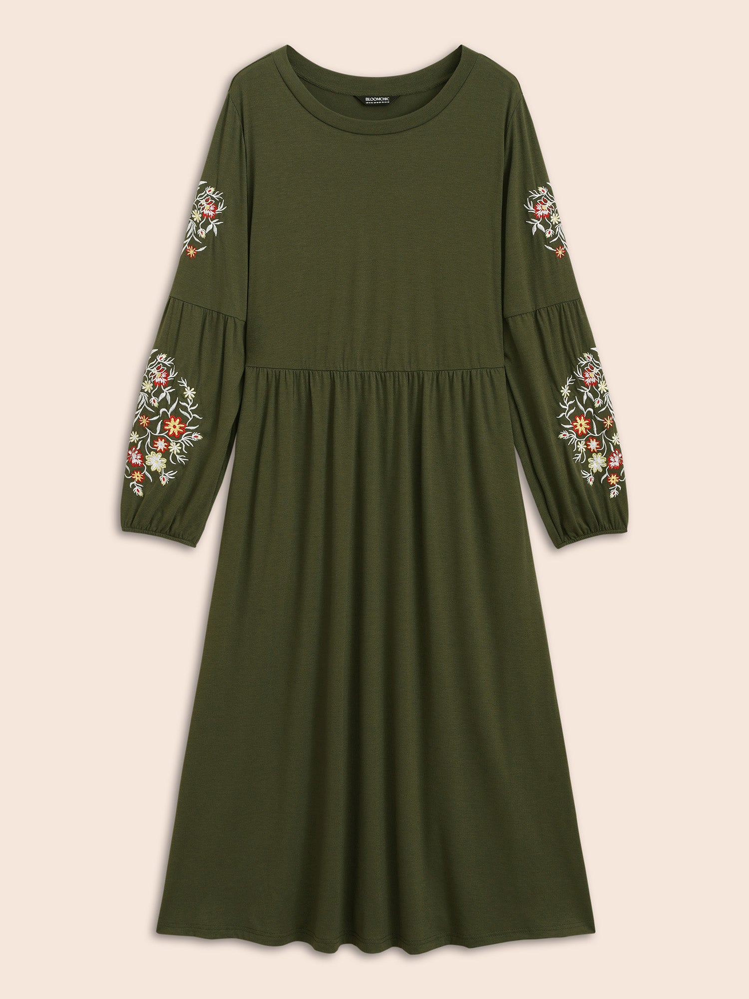 Floral Embroidered Elastic Waist Gathered Dress