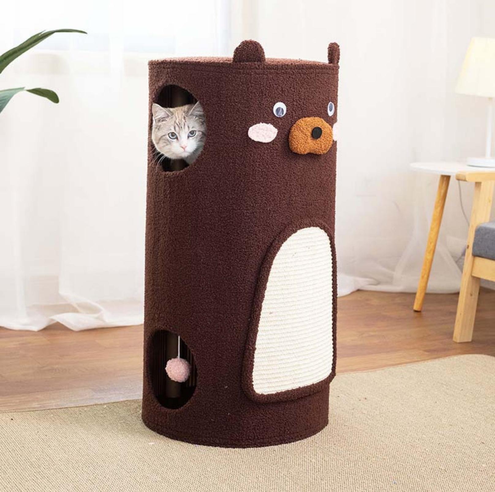 Bear Barrel Cat Scratching Post with Detachable Plush Covering